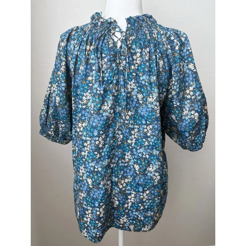 J. Crew Smocked Neck Puff Sleeve Top in Liberty Fabric Sea Blossoms Size Large